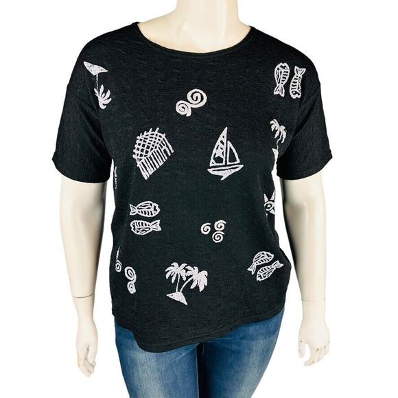 Vintage LA Lights XL Blouse Black Texture Boat Shell Fish Stretch Short Sleeve - Picture 1 of 7